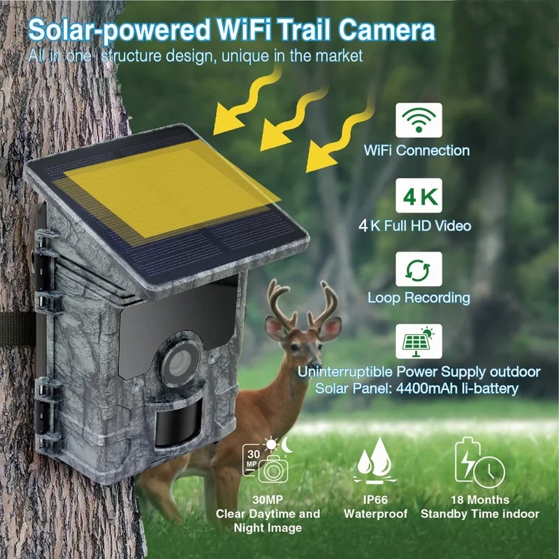 Trail Camera Solar Panel Powered - ナイトビジョンハンティングカメラ 4K WiFiソーラーパネル式トレイルカメラ 防水IP66ゲーム野生動物カメラ フォトシャッセ