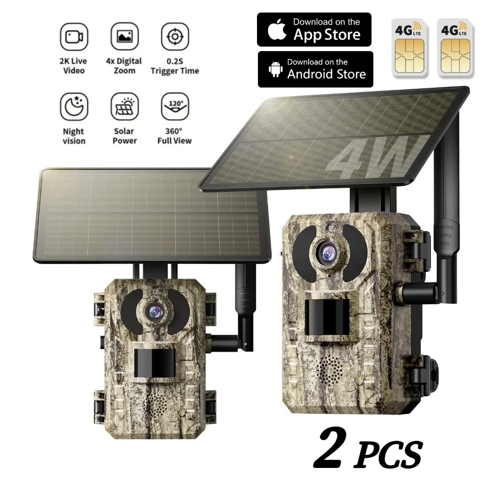 Hunting Game Camera Night Vision No Glow - 4G LTEソーラー駆動ハンティングトレイルカメラ 2Kライブフィード 0.1秒高速PIRトリガー 低光量ナイトビジョン IP66防水